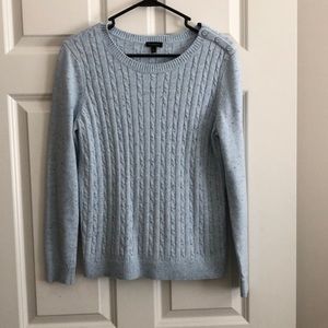 Talbots cable sweater, light blue with buttons on shoulder.